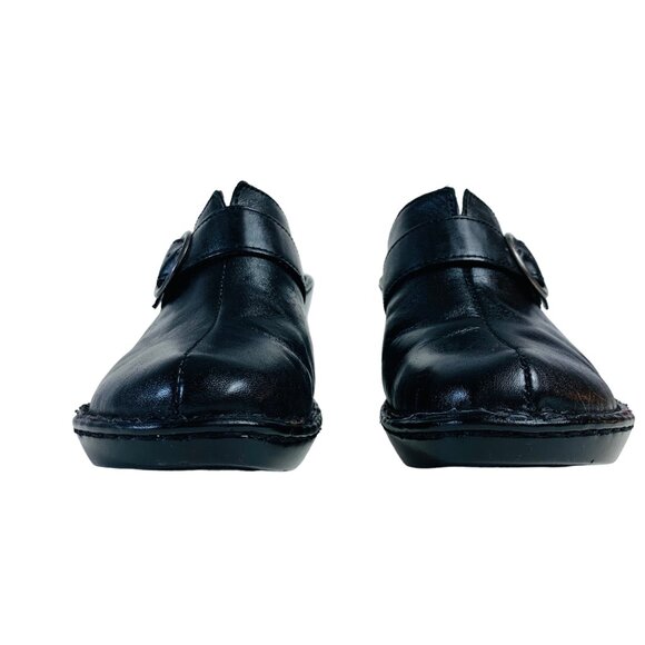 Merona Black Leather Slip-On Wedge Clogs Womens Size 9.5 Featuring Buckle Detail - Picture 14 of 14